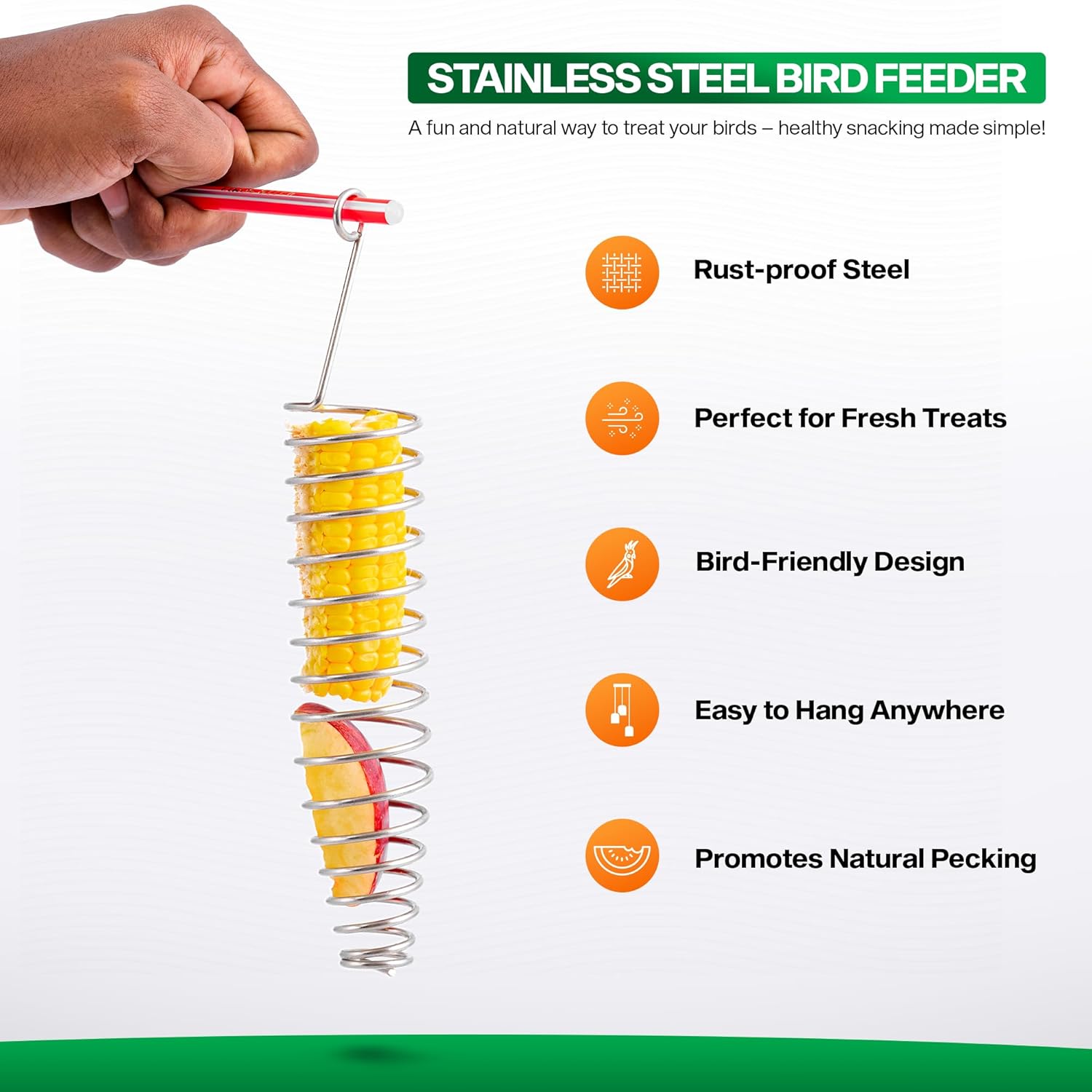 Sparrow Daughter Stainless Steel Bird Food Holder, Spiral Hanging Feeder for Fruits, Vegetables & Treats, Suitable for Parrots, Conures & Parakeets, Durable Bird Feeder (1 pc)