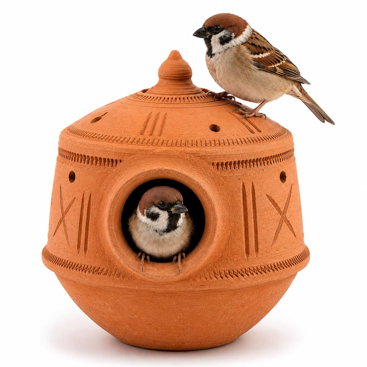 Handmade Mud Birdhouse | Terracotta Sparrow Nesting Box for Balcony Garden Terrace | 100% Natural Clay | Chidiya Ghar | Temperature Regulating Bird Nest | Eco Friendly Gift