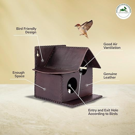 Sparrow Daughter Bird House – Original Leather, Hanging Nest Box for Balcony & Garden, Perfect for Sparrows, Lovebirds & Hummingbirds. Includes 50g Nesting Material Free!
