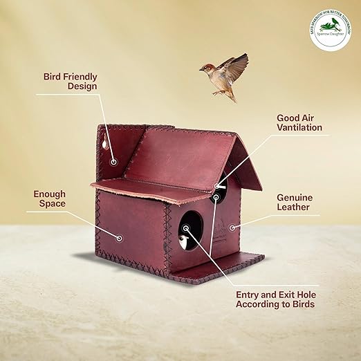 Sparrow Daughter Bird House – Original Leather, Hanging Nest Box for Balcony & Garden, Perfect for Sparrows, Lovebirds & Hummingbirds. Includes 50g Nesting Material Free!