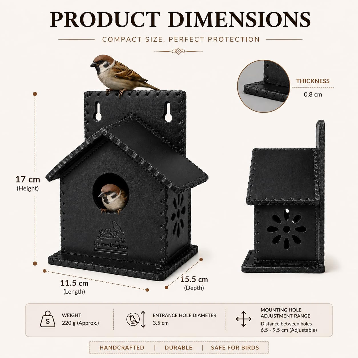 Sparrows Daughters Recycled Leather  Birdhouse & Bird Nest for Balcony Garden | Hanging Sparrow Nest with Air Ventilation | Wall Mount | Weather Resistant | Chidiya Ka Ghosla | Waterproof | Black