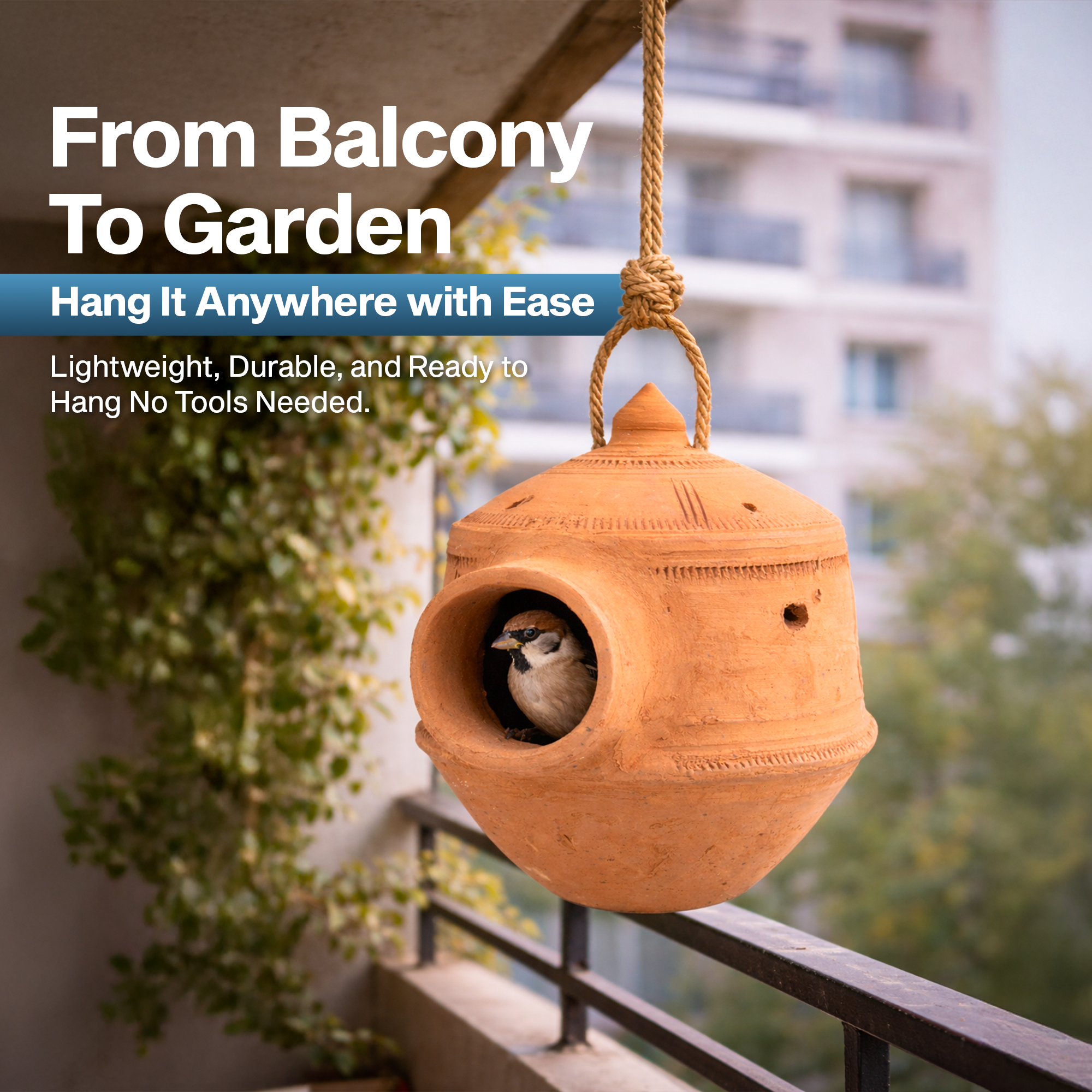 Natural Mud Hanging Bird Nest for Balcony & Garden – Bird House for Sparrows, Budgies, Lovebirds & Squirrels , Indoor & Outdoor Use –Cooling Design with Hanging Loop (1 Pc, Red Brown)