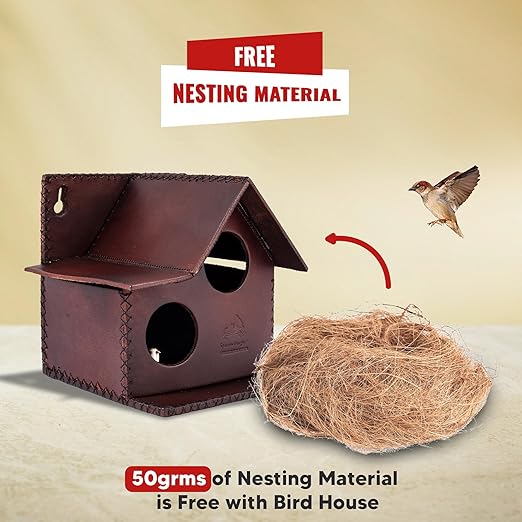 Sparrow Daughter Bird House – Original Leather, Hanging Nest Box for Balcony & Garden, Perfect for Sparrows, Lovebirds & Hummingbirds. Includes 50g Nesting Material Free!