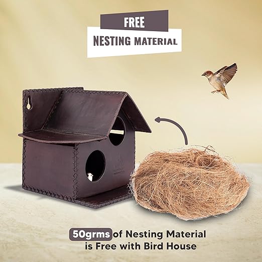 Sparrow Daughter Bird House – Original Leather, Hanging Nest Box for Balcony & Garden, Perfect for Sparrows, Lovebirds & Hummingbirds. Includes 50g Nesting Material Free!