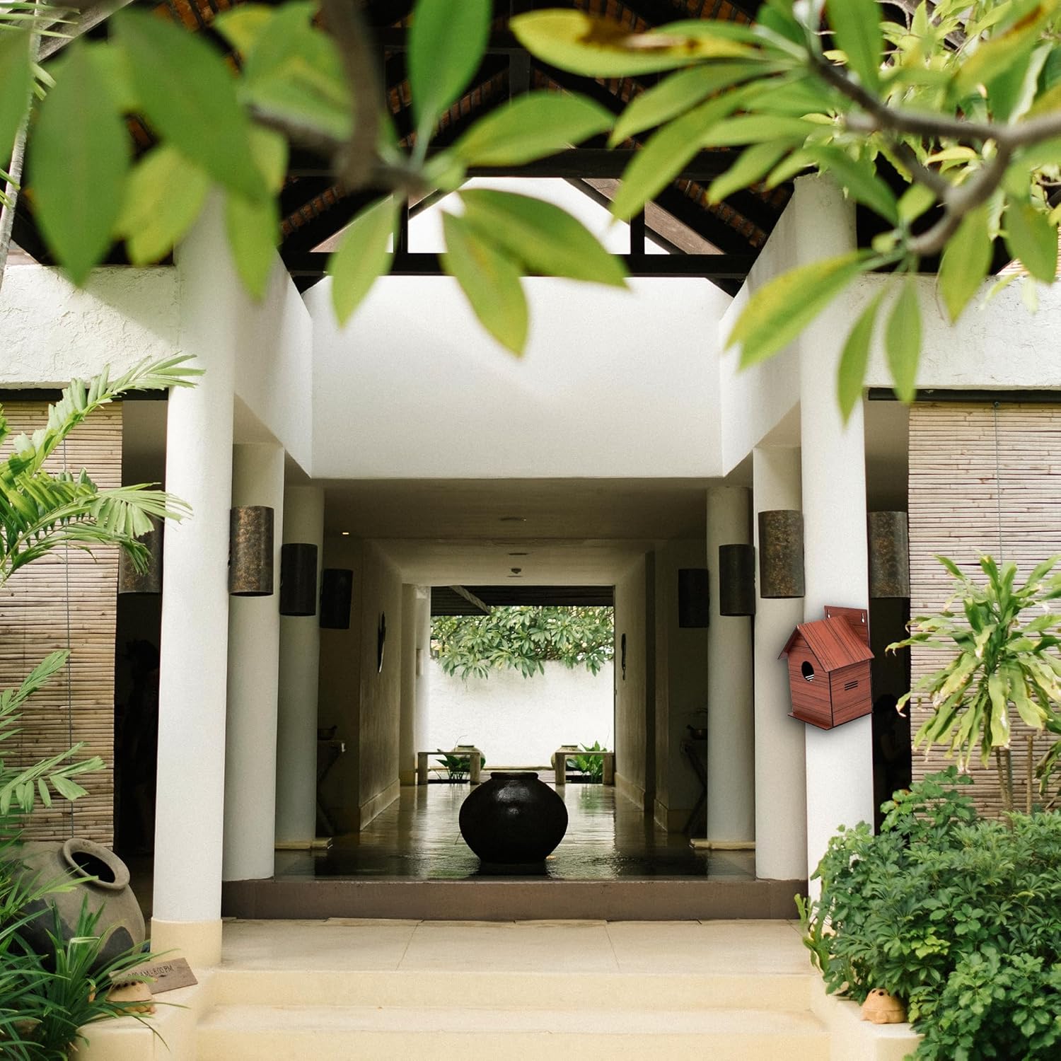 Sparrow daughter Wood Finish MDF Bird House for Small Birds with Air Ventilation & Mounting Hook Designed for Sparrows, Love Birds & Garden Birds, Bird Nest: Wooden Texture