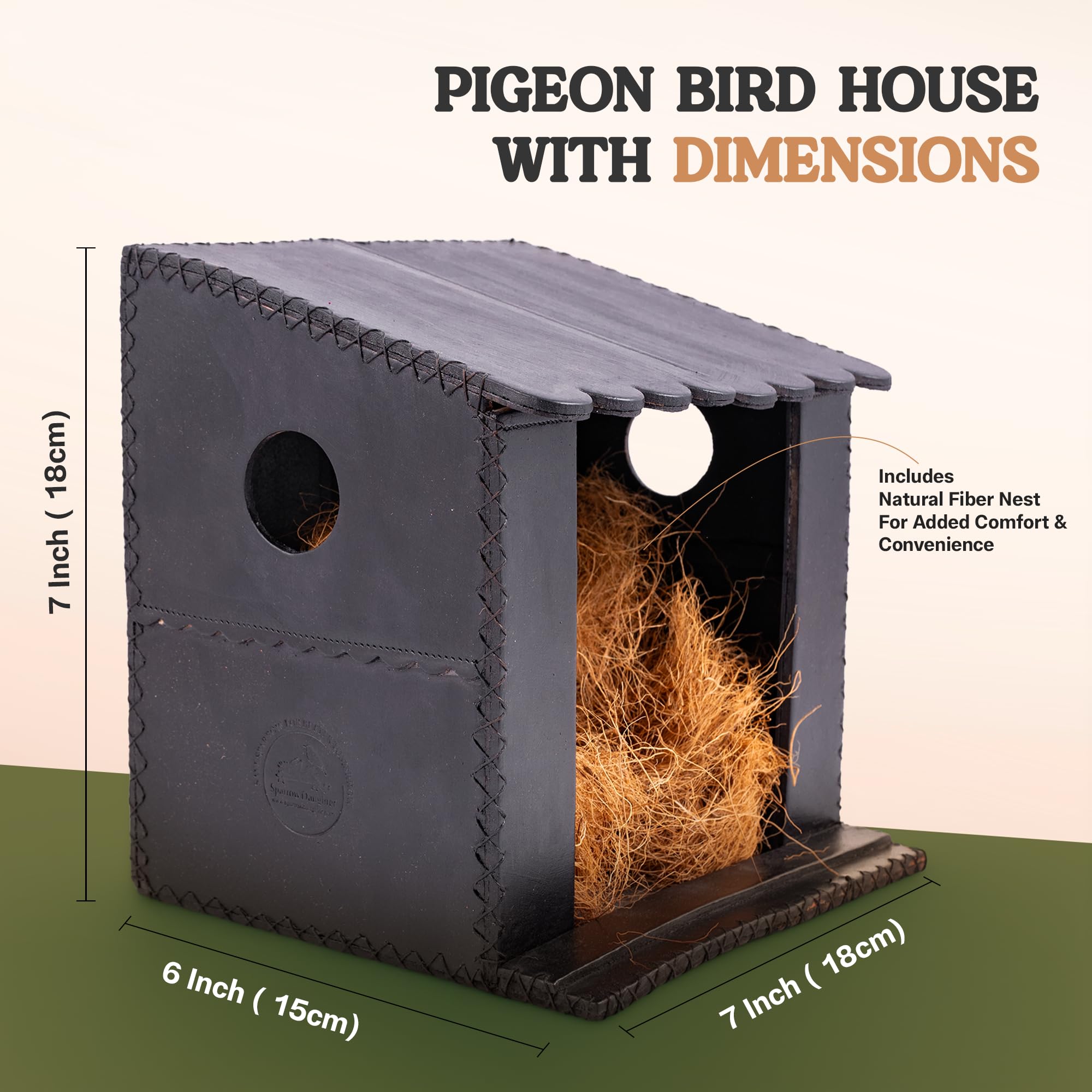 Handcrafted Leather Pigeon Bird House, with Natural Coir Nesting Material, Outdoor Doves Breeding Shelter Nest Box for Small Birds (7x7x6 Inch), Black