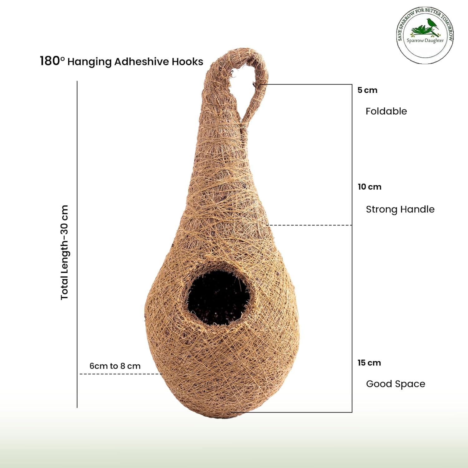 Handwoven Coir Bird Nest - Natural Hanging Birdhouse for Sparrows, Finches, Java Sparrows & Other Small Birds, Ideal for Gardens, Balconies & Trees, (Pair of 1)(* 2 pcs)