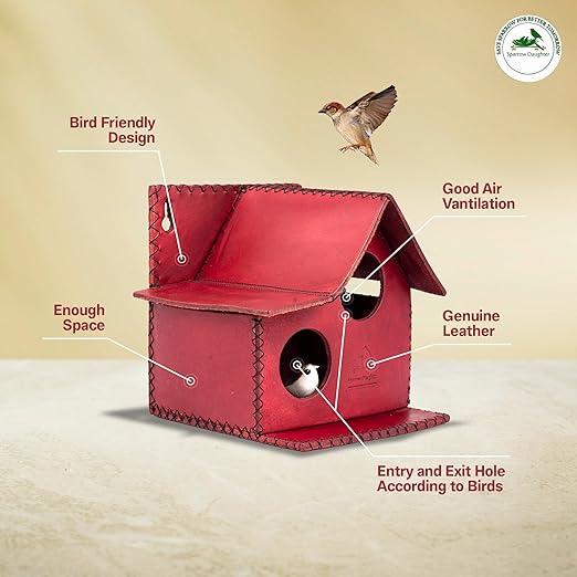Sparrow Daughter Bird House – Original Leather, Hanging Nest Box for Balcony & Garden, Perfect for Sparrows, Lovebirds & Hummingbirds. Includes 50g Nesting Material Free!