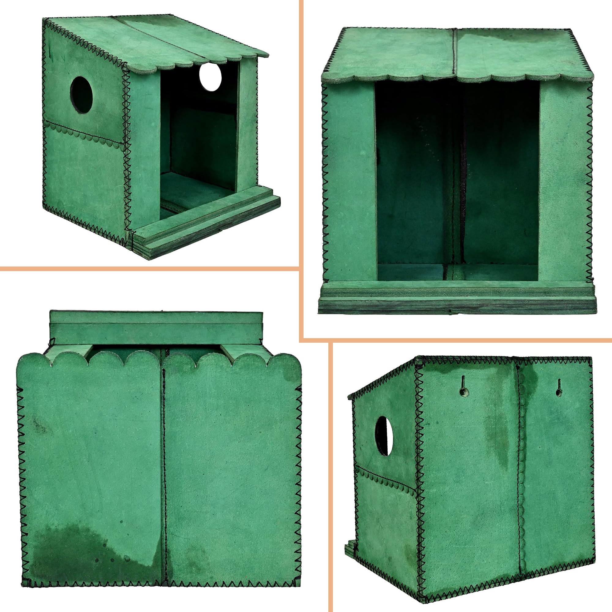 Handcrafted Leather Pigeon Bird House, with Natural Coir Nesting Material, Outdoor Doves Breeding Shelter Nest Box for Small Birds (7x7x6 Inch), Black