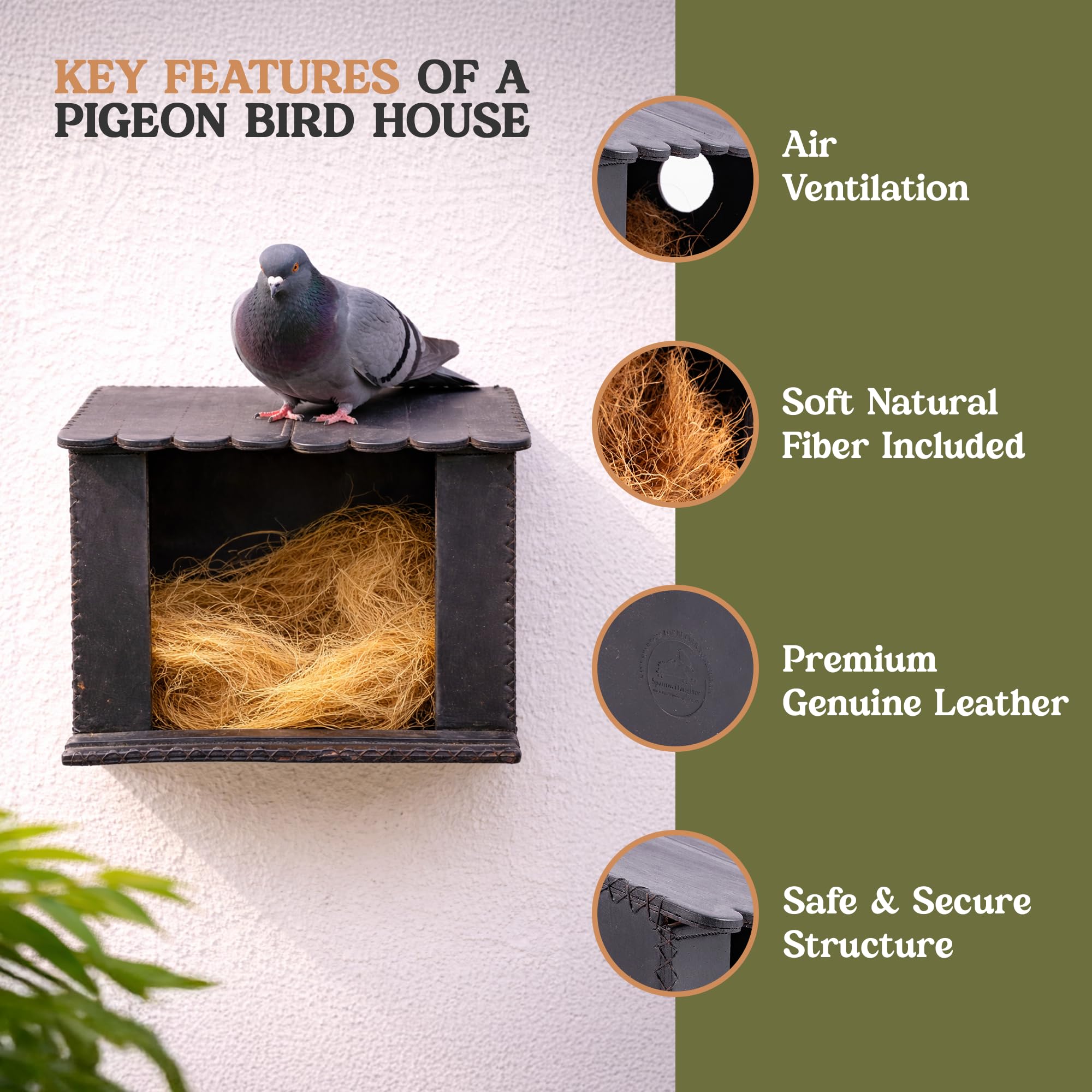 Handcrafted Leather Pigeon Bird House, with Natural Coir Nesting Material, Outdoor Doves Breeding Shelter Nest Box for Small Birds (7x7x6 Inch), Black