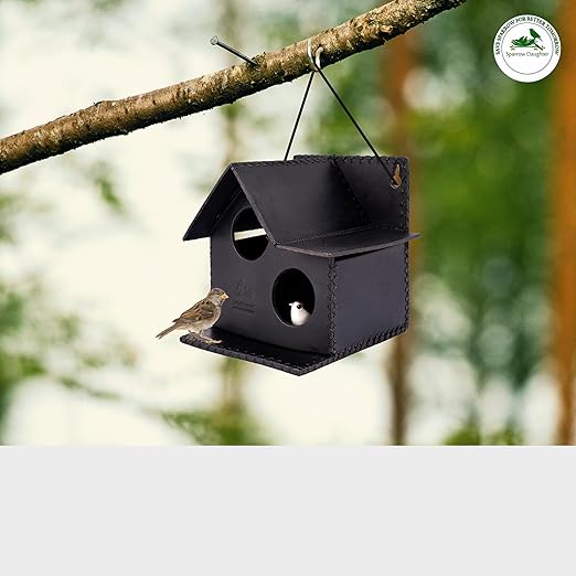 Sparrow Daughter Bird House – Original Leather, Hanging Nest Box for Balcony & Garden, Perfect for Sparrows, Lovebirds & Hummingbirds. Includes 50g Nesting Material Free!