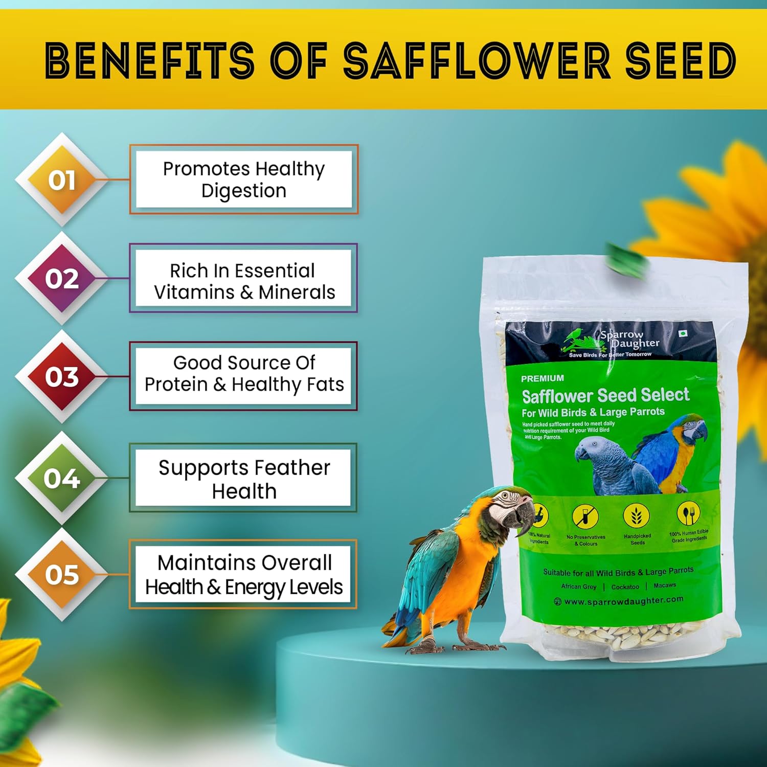 Sparrow Daughter Safflower Seeds, Bird Food for Wild Birds & Large Parrots enriched with Nutrition, Kusum Beej/Kardi Seed for African Grey, Macaws, Cockatoo.