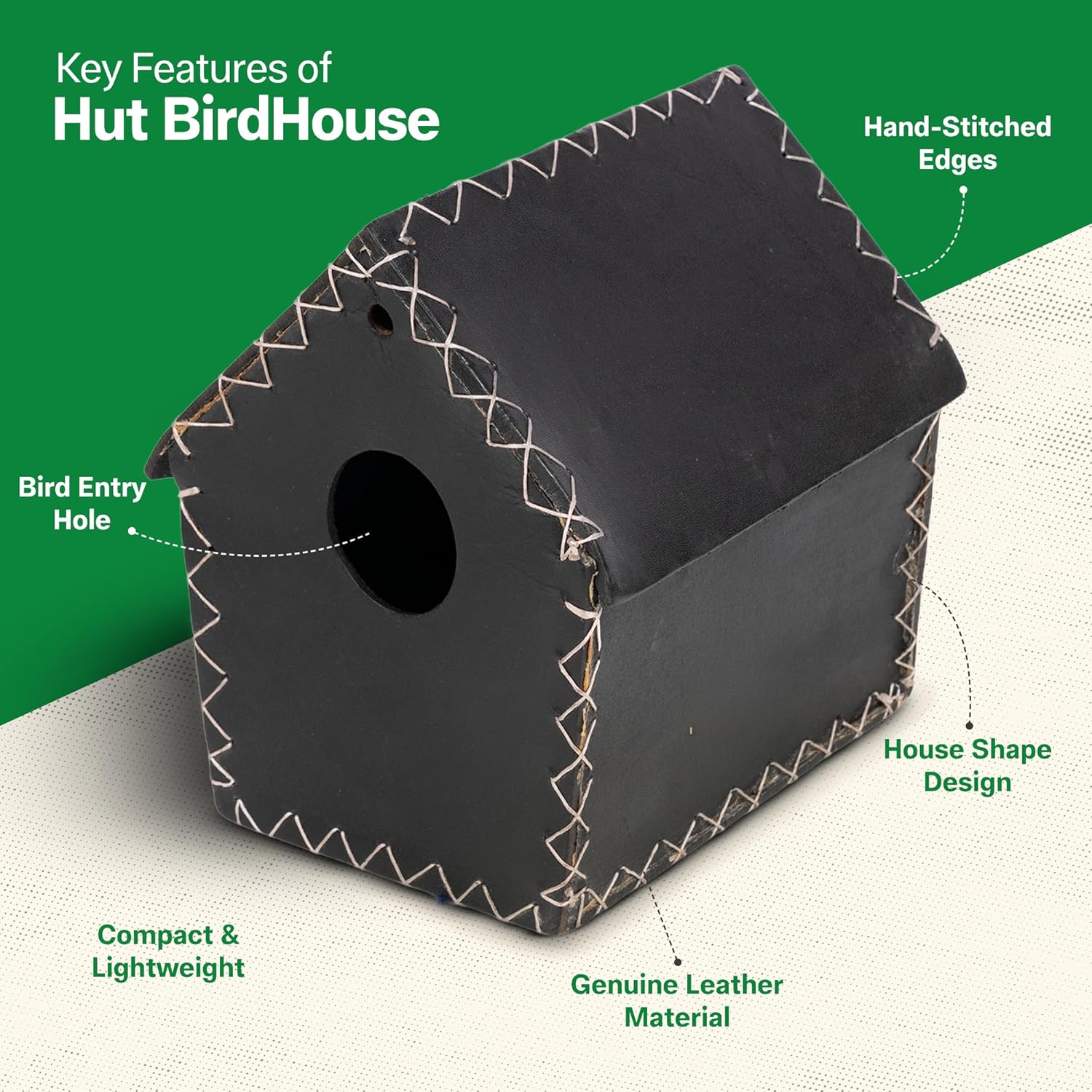 Hut Birdhouse Handcrafted Genuine Leather Outdoor Hanging Stitched Nesting Box Breeding Weather Resistant Balcony Shelter for Small Birds (Black)
