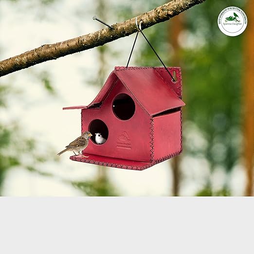 Sparrow Daughter Bird House – Original Leather, Hanging Nest Box for Balcony & Garden, Perfect for Sparrows, Lovebirds & Hummingbirds. Includes 50g Nesting Material Free!