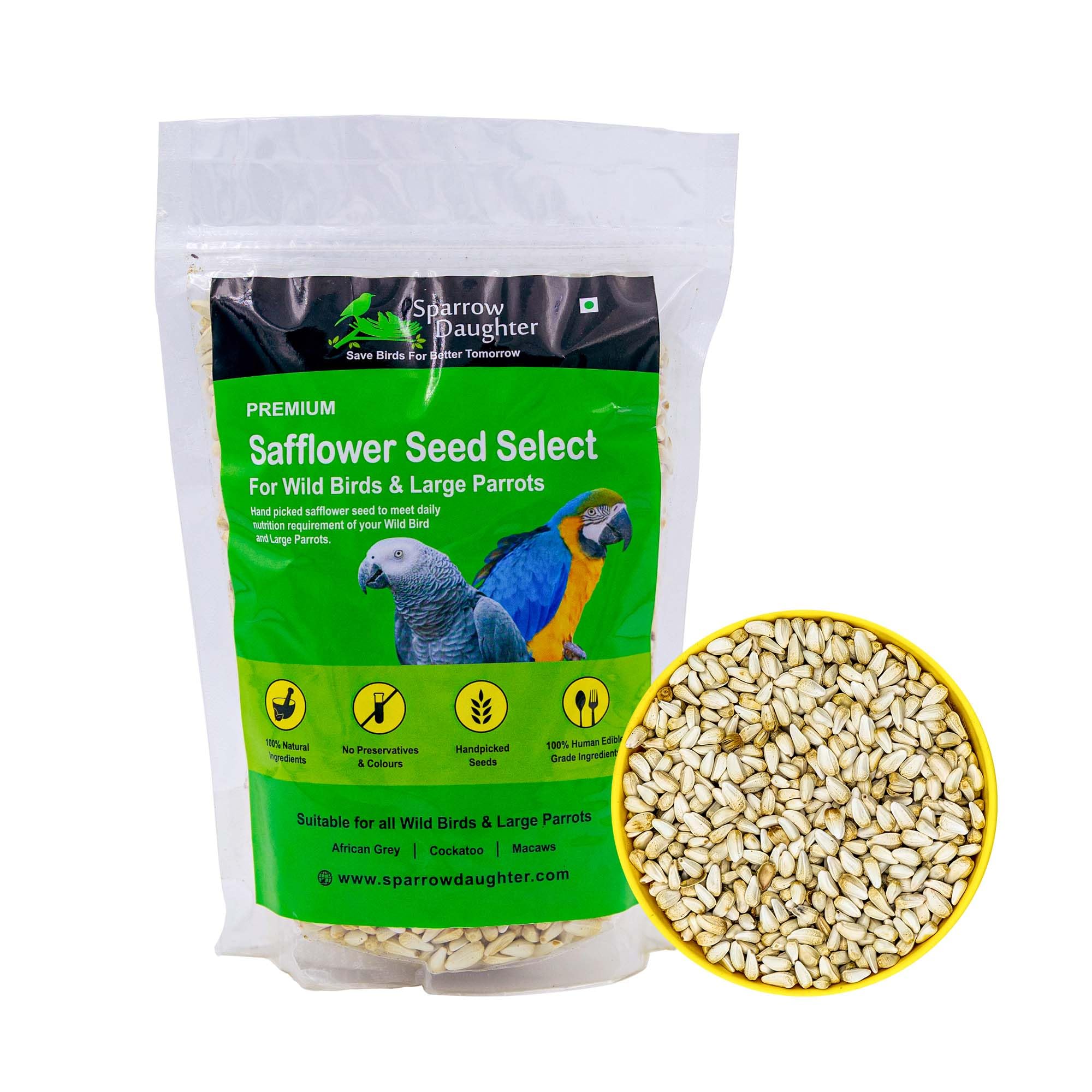 Sparrow Daughter Safflower Seeds, Bird Food for Wild Birds & Large Parrots enriched with Nutrition, Kusum Beej/Kardi Seed for African Grey, Macaws, Cockatoo.