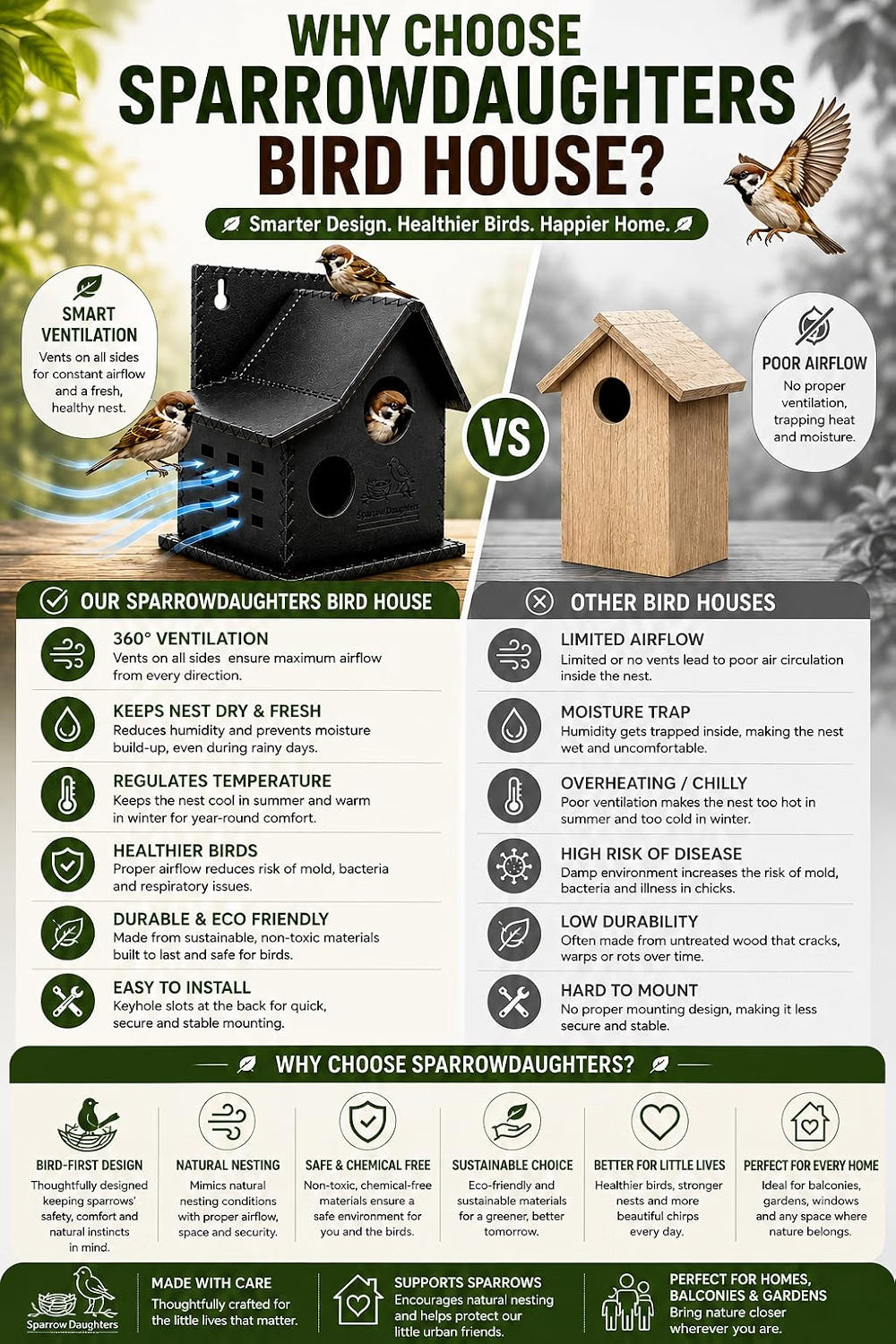 Sparrows Daughters Premium Recycled Leather Bird House for Outside | Handcrafted Sparrow Nesting Box | Side Ventilation | Wall Mount | Weather Resistant & Waterproof | Garden Balcony Hanging | Black