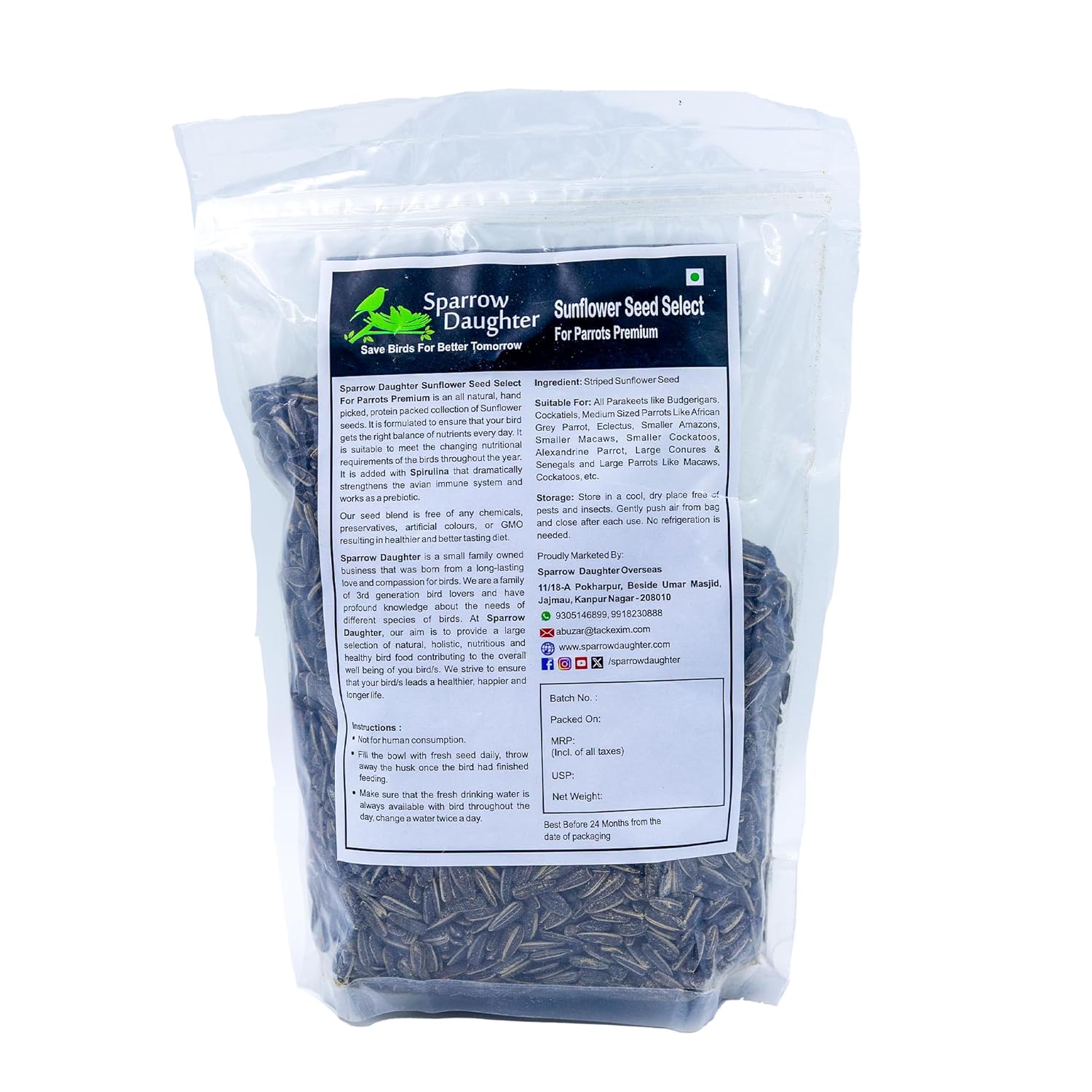 Sparrow Daughter Striped Sunflower Seed for Birds, Natural & Healthy Bird Food for Conures, Lovebirds, Cockatiels, African Grey, Macaws, Cockatoo, Parakeets & Parrots