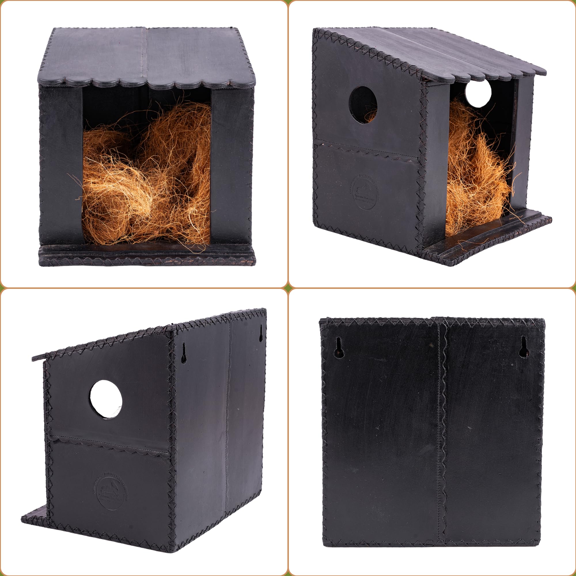 Handcrafted Leather Pigeon Bird House, with Natural Coir Nesting Material, Outdoor Doves Breeding Shelter Nest Box for Small Birds (7x7x6 Inch), Black