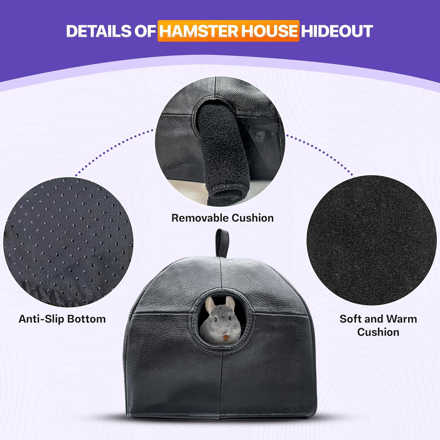 Handcrafted Soft Leather Hamster House with Cozy Mat – Indoor/Outdoor Small Animal Cage for Hamsters, Chinchillas,mice, Squirrel & Suger Glider (Black,1 pc)