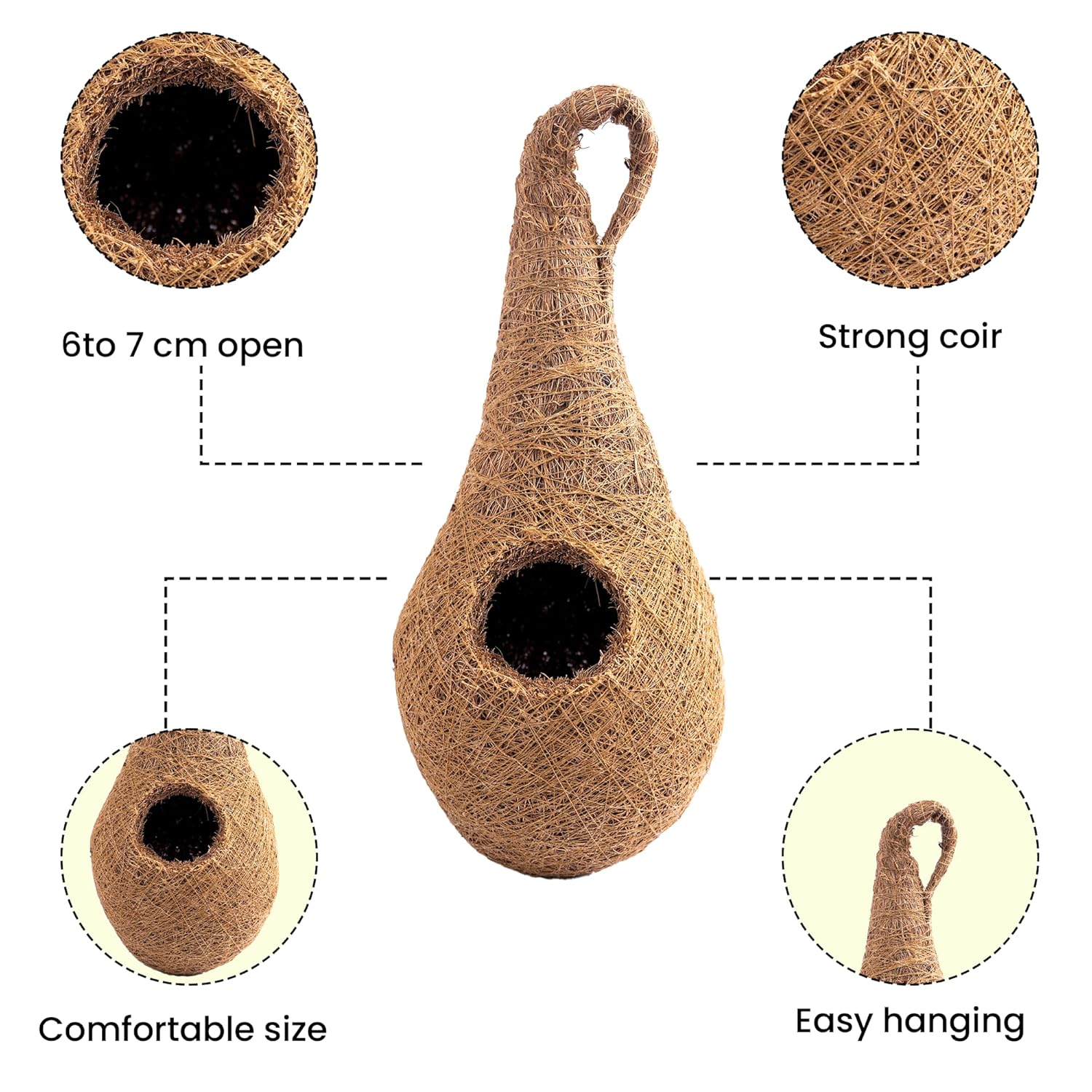 Handwoven Coir Bird Nest - Natural Hanging Birdhouse for Sparrows, Finches, Java Sparrows & Other Small Birds, Ideal for Gardens, Balconies & Trees, (Pair of 1)(* 2 pcs)