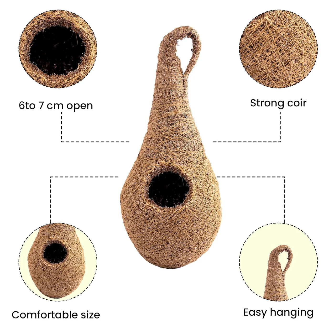 Handwoven Coir Bird Nest - Natural Hanging Birdhouse for Sparrows, Finches, Java Sparrows & Other Small Birds, Ideal for Gardens, Balconies & Trees