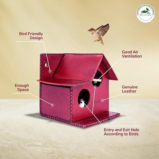 Sparrow Daughter Bird House – Original Leather, Hanging Nest Box for Balcony & Garden, Perfect for Sparrows, Lovebirds & Hummingbirds. Includes 50g Nesting Material Free!