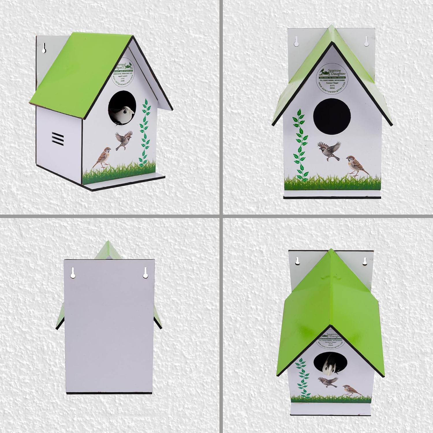 Sparrow daughter MDF Printed Bird House nest for Balcony & Garden Hanging Made with Russian Wood Designed for Love Birds, Sparrow, Hummingbird, Kingfisher (Light Green Color)