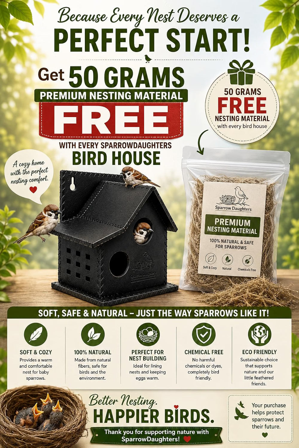Sparrows Daughters Premium Recycled Leather Bird House for Outside | Handcrafted Sparrow Nesting Box | Side Ventilation | Wall Mount | Weather Resistant & Waterproof | Garden Balcony Hanging | Black
