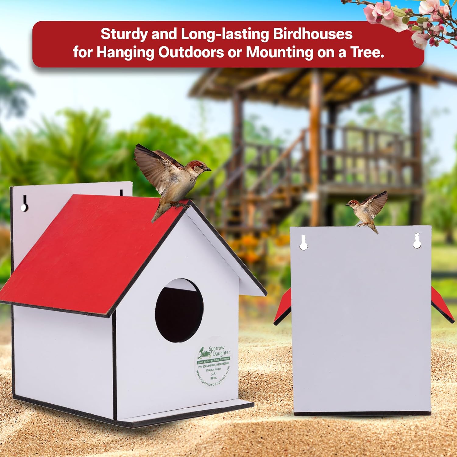 Sparrow Daughter Hut Shape MDF Bird House for House Sparrow, Love Birds, Wooden Bird Nest for Balcony & Garden Hanging, Small (Set of 2)