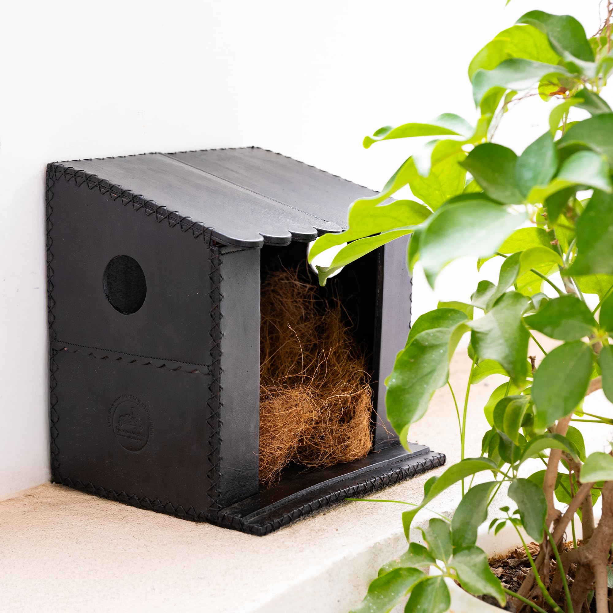 Handcrafted Leather Pigeon Bird House, with Natural Coir Nesting Material, Outdoor Doves Breeding Shelter Nest Box for Small Birds (7x7x6 Inch), Black