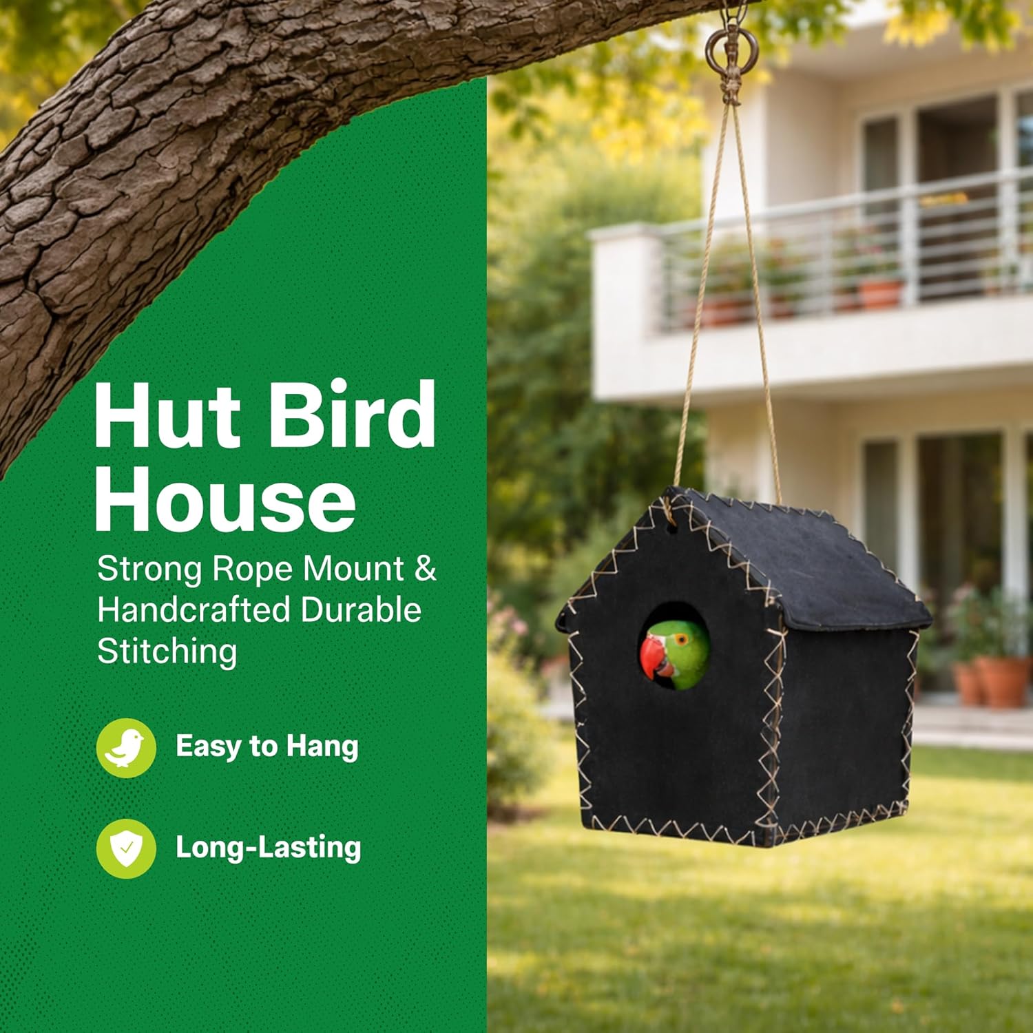 Hut Birdhouse Handcrafted Genuine Leather Outdoor Hanging Stitched Nesting Box Breeding Weather Resistant Balcony Shelter for Small Birds (Black)