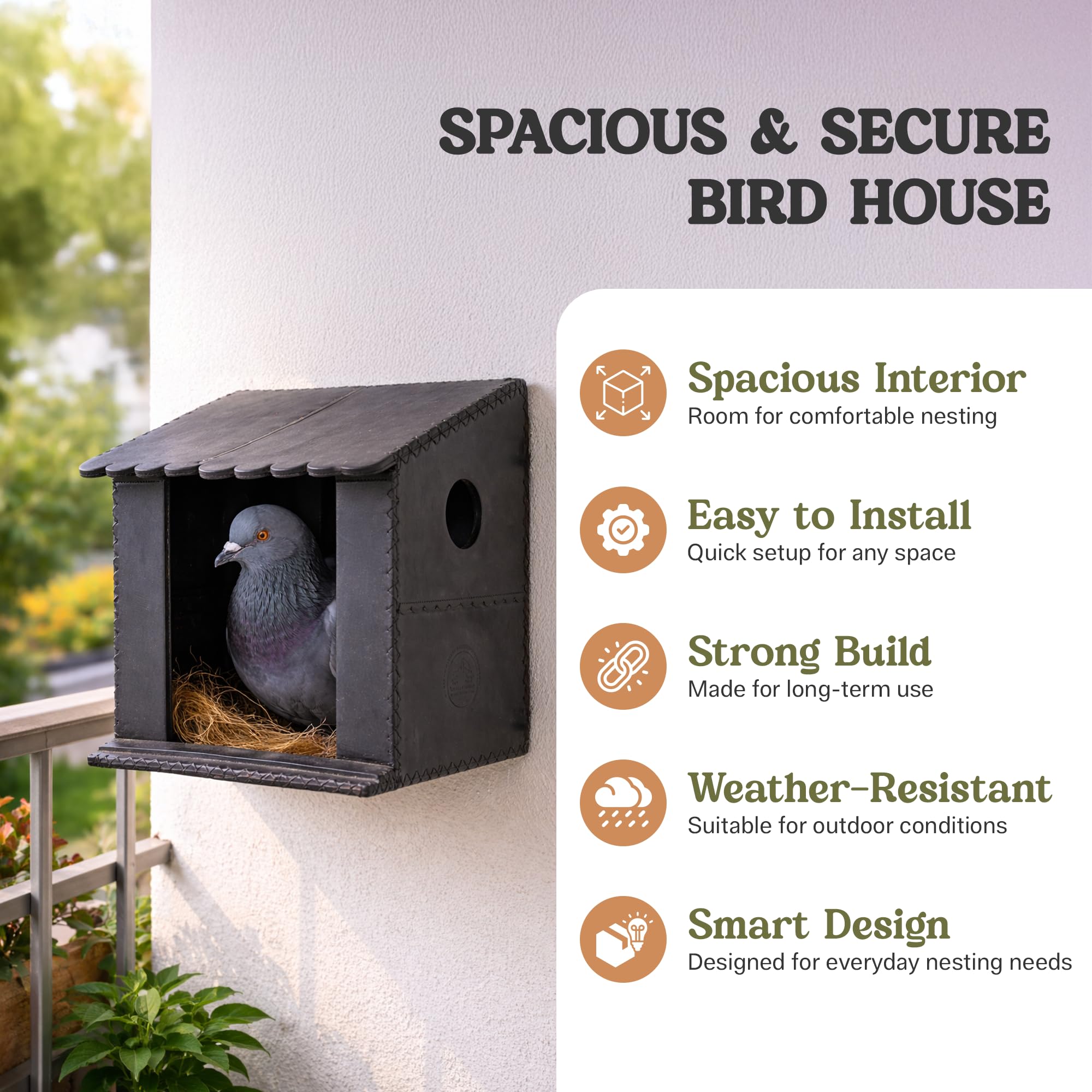 Handcrafted Leather Pigeon Bird House, with Natural Coir Nesting Material, Outdoor Doves Breeding Shelter Nest Box for Small Birds (7x7x6 Inch), Black