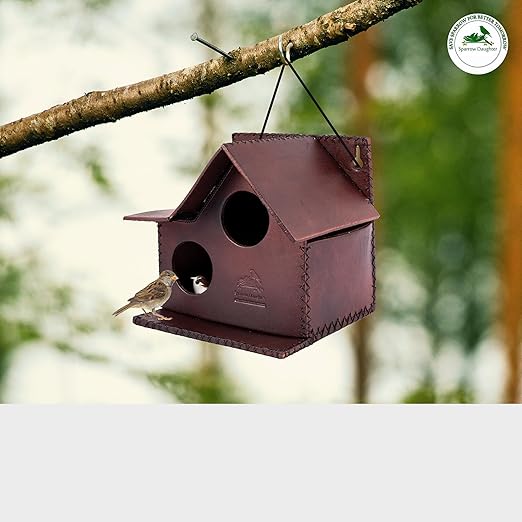 Sparrow Daughter Bird House – Original Leather, Hanging Nest Box for Balcony & Garden, Perfect for Sparrows, Lovebirds & Hummingbirds. Includes 50g Nesting Material Free!