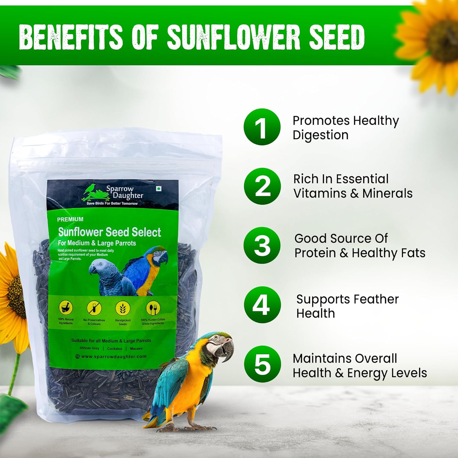 Sparrow Daughter Striped Sunflower Seed for Birds, Natural & Healthy Bird Food for Conures, Lovebirds, Cockatiels, African Grey, Macaws, Cockatoo, Parakeets & Parrots