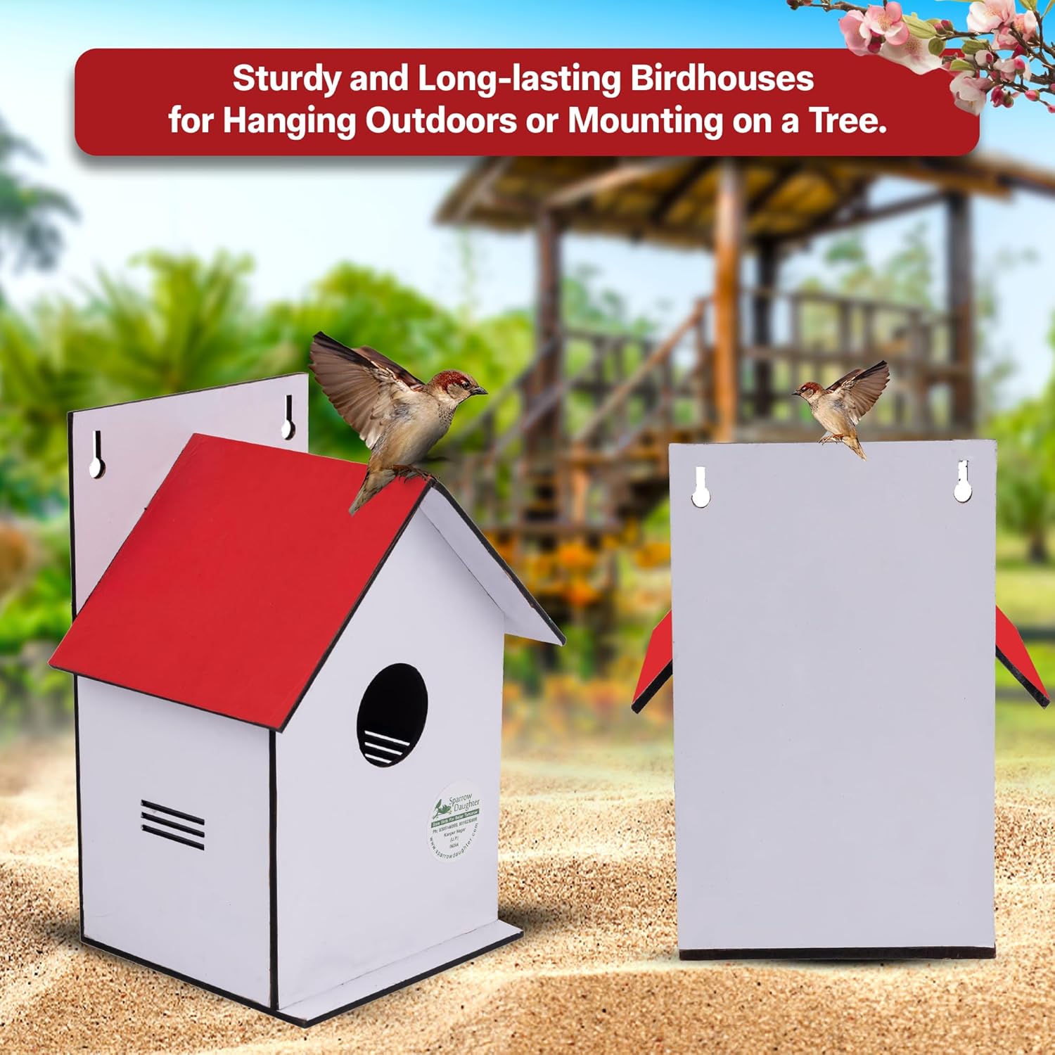 Sparrow Daughter Hut Shape MDF Bird House for House Sparrow, Love Birds, Wooden Bird Nest for Balcony & Garden Hanging, Large Size