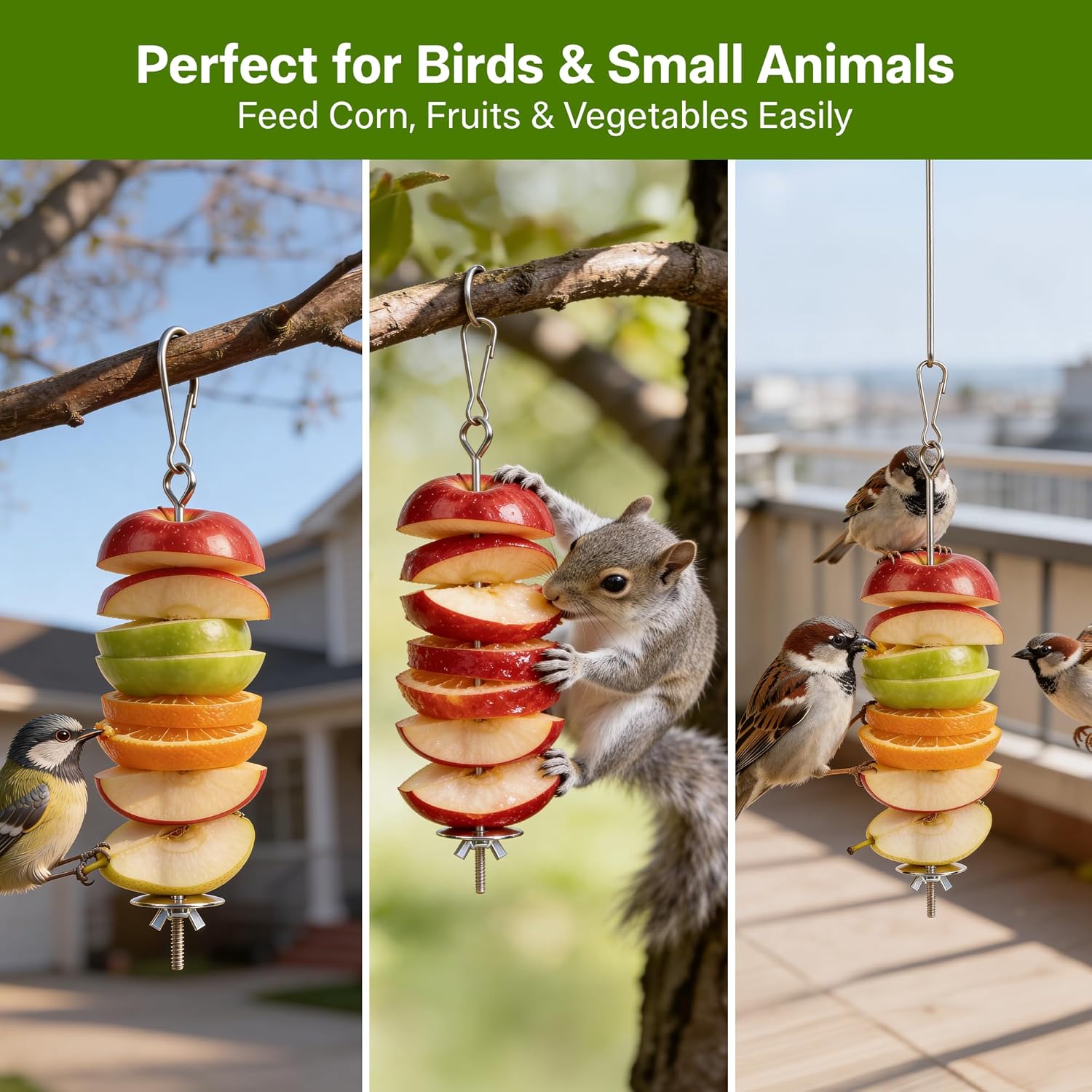 Bird Food Holder Combo Set, 5 Pcs Stainless Steel Hanging Stick Skewer, Fruit Vegetable Bird Feeder with Secure Lock Hook & Anti-Drop Base for Small Birds & Animals