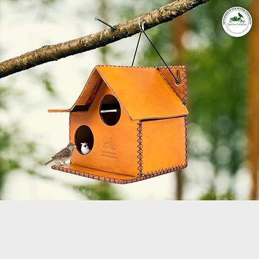 Sparrow Daughter Bird House – Original Leather, Hanging Nest Box for Balcony & Garden, Perfect for Sparrows, Lovebirds & Hummingbirds. Includes 50g Nesting Material Free!
