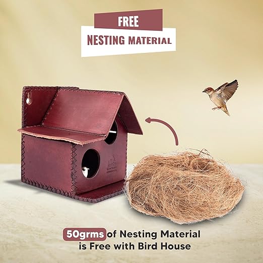 Sparrow Daughter Bird House – Original Leather, Hanging Nest Box for Balcony & Garden, Perfect for Sparrows, Lovebirds & Hummingbirds. Includes 50g Nesting Material Free!