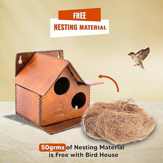 Sparrow Daughter Bird House – Original Leather, Hanging Nest Box for Balcony & Garden, Perfect for Sparrows, Lovebirds & Hummingbirds. Includes 50g Nesting Material Free!