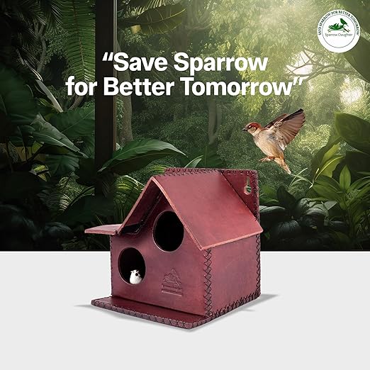 Sparrow Daughter Bird House – Original Leather, Hanging Nest Box for Balcony & Garden, Perfect for Sparrows, Lovebirds & Hummingbirds. Includes 50g Nesting Material Free!