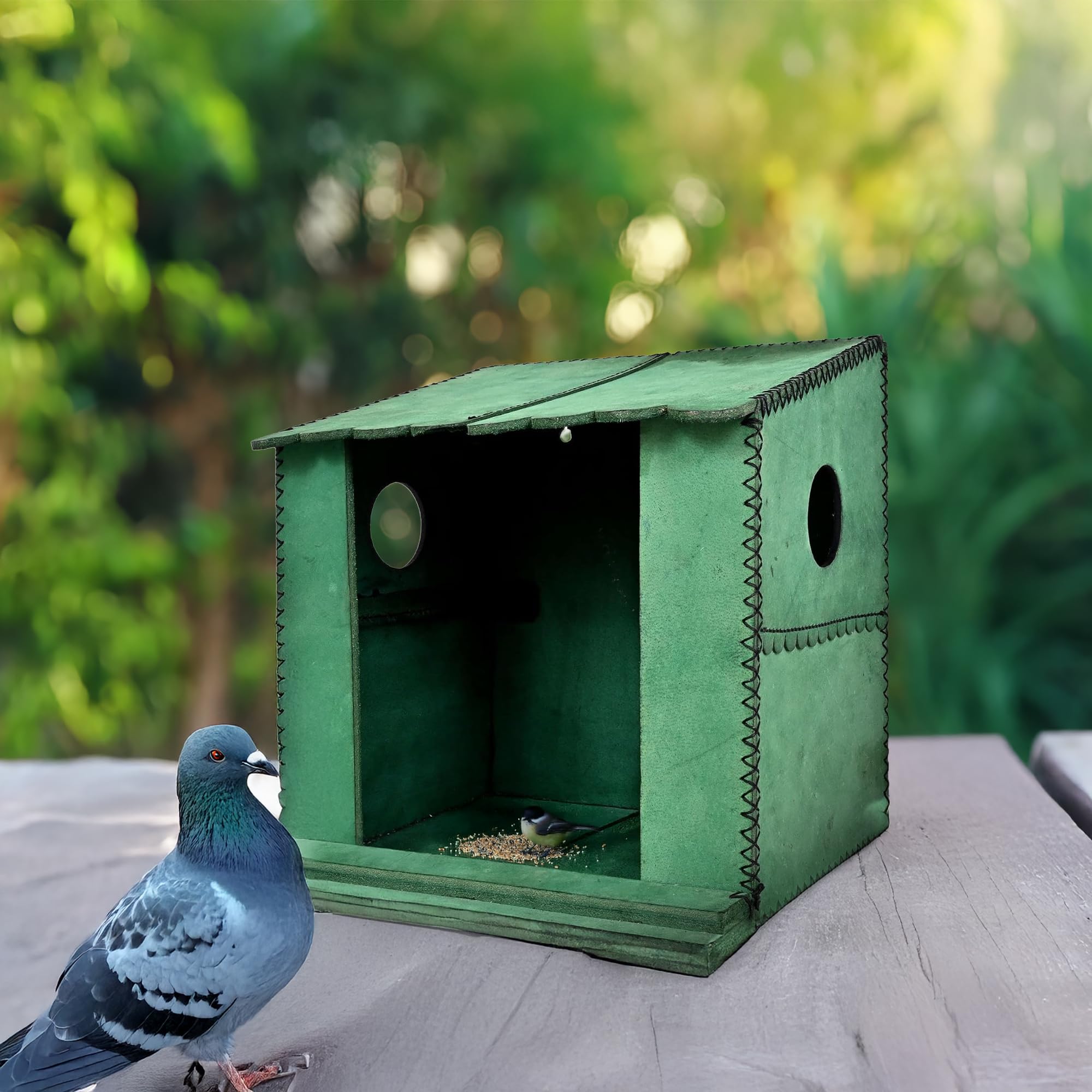Handcrafted Leather Pigeon Bird House, with Natural Coir Nesting Material, Outdoor Doves Breeding Shelter Nest Box for Small Birds (7x7x6 Inch), Black
