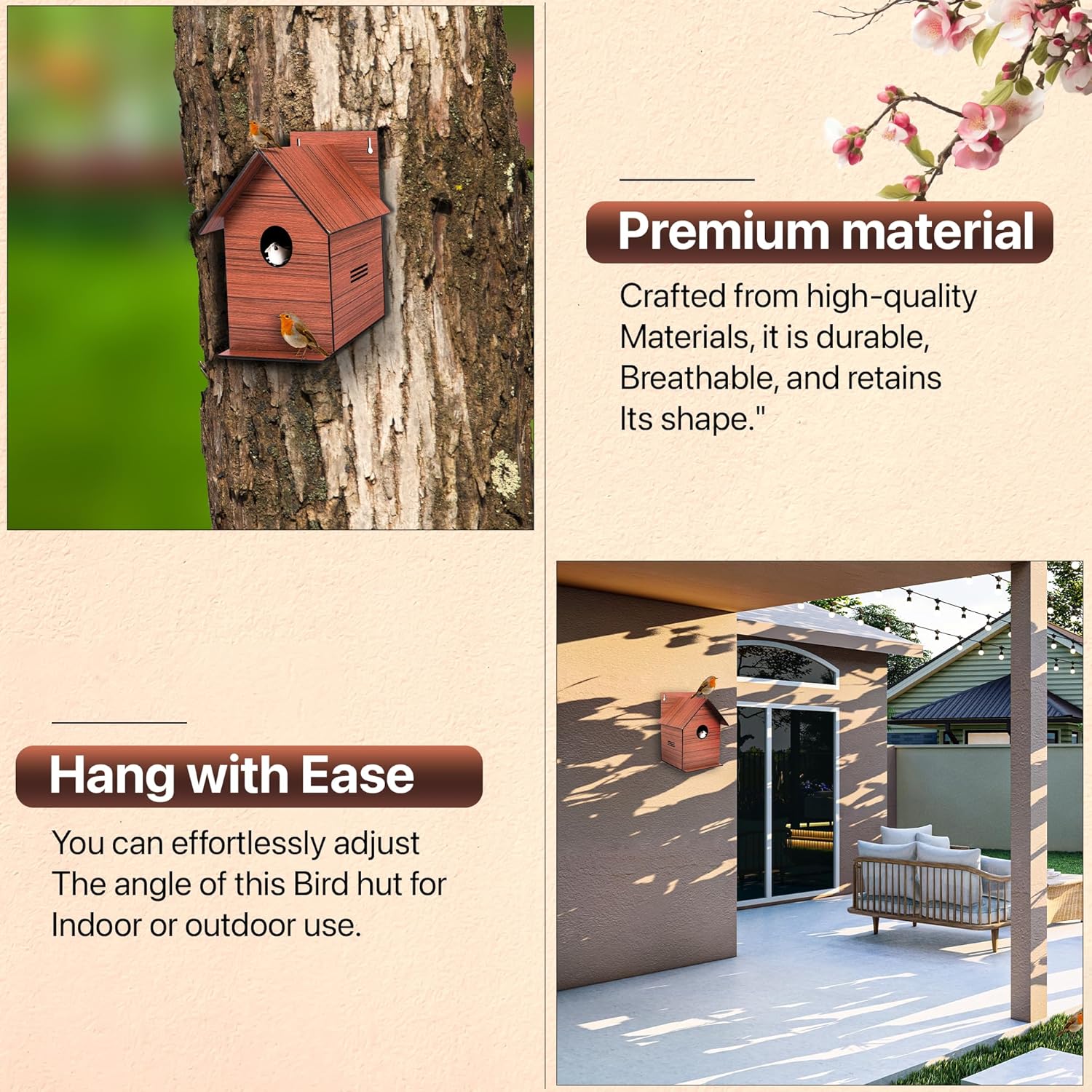 Sparrow daughter Wood Finish MDF Bird House for Small Birds with Air Ventilation & Mounting Hook Designed for Sparrows, Love Birds & Garden Birds, Bird Nest: Wooden Texture