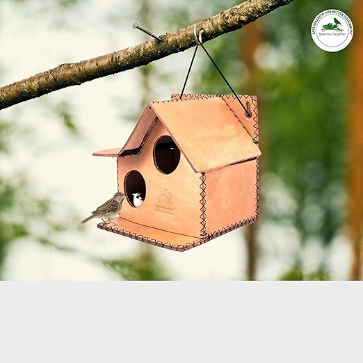 Sparrow Daughter Bird House – Original Leather, Hanging Nest Box for Balcony & Garden, Perfect for Sparrows, Lovebirds & Hummingbirds. Includes 50g Nesting Material Free!