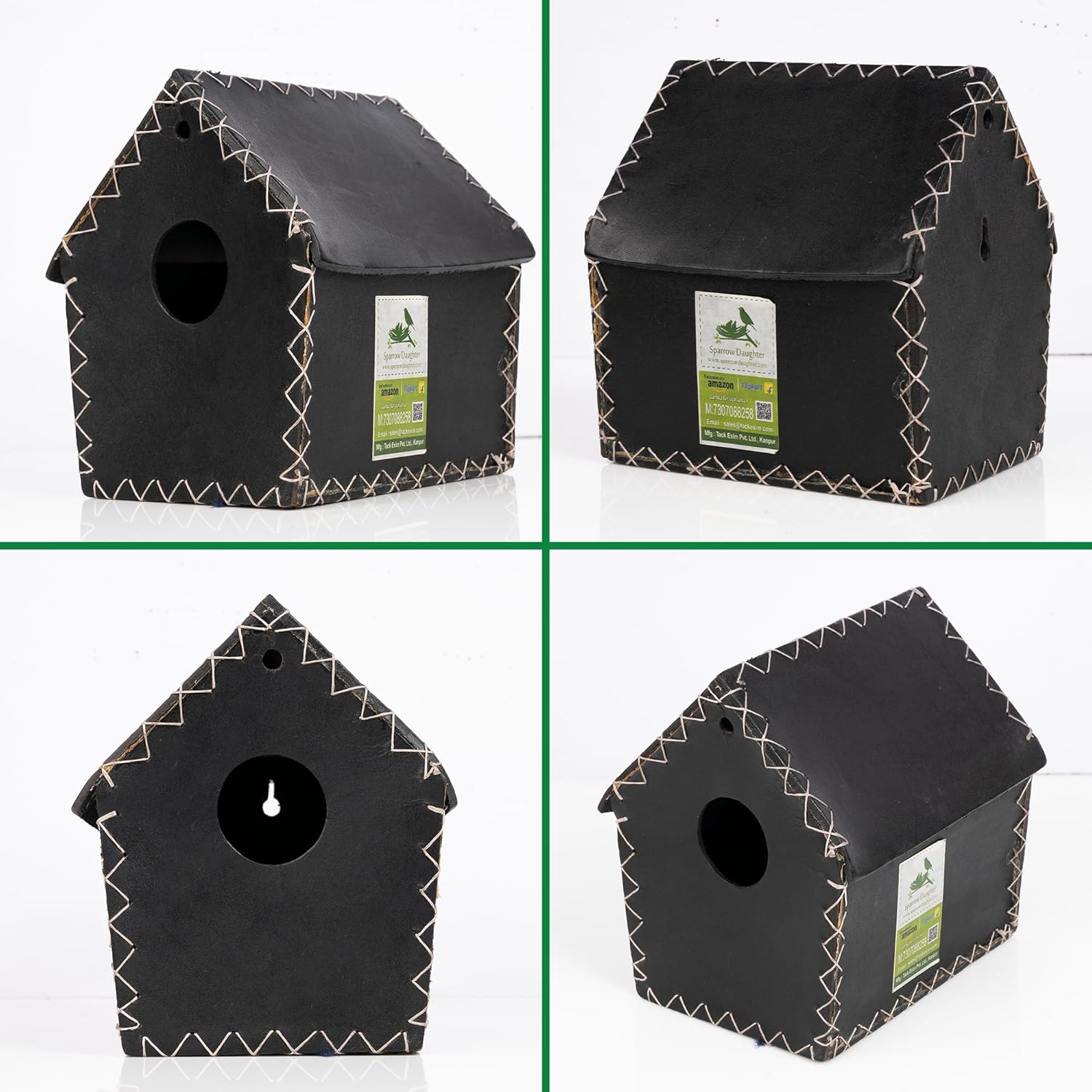 Hut Birdhouse Handcrafted Genuine Leather Outdoor Hanging Stitched Nesting Box Breeding Weather Resistant Balcony Shelter for Small Birds (Black)
