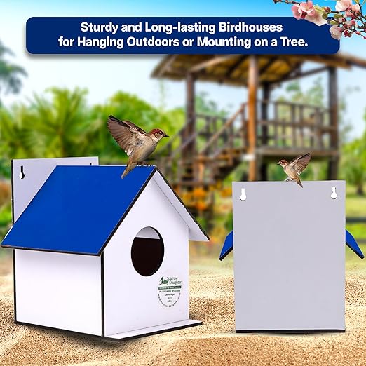 Sparrow Daughter Hut Shape MDF Bird House for House Sparrow, Love Birds, Wooden Bird Nest for Balcony & Garden Hanging, Small (Set of 2)