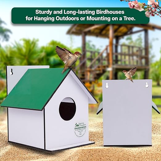 Sparrow Daughter Hut Shape MDF Bird House for House Sparrow, Love Birds, Wooden Bird Nest for Balcony & Garden Hanging, Small (Set of 2)