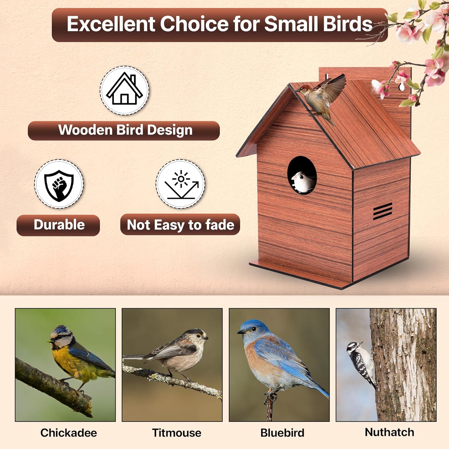 Sparrow daughter Wood Finish MDF Bird House for Small Birds with Air Ventilation & Mounting Hook Designed for Sparrows, Love Birds & Garden Birds, Bird Nest: Wooden Texture