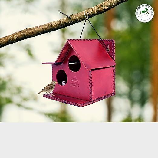 Sparrow Daughter Bird House – Original Leather, Hanging Nest Box for Balcony & Garden, Perfect for Sparrows, Lovebirds & Hummingbirds. Includes 50g Nesting Material Free!