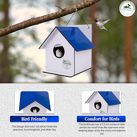 Sparrow Daughter Hut Shape MDF Bird House for House Sparrow, Love Birds, Wooden Bird Nest for Balcony & Garden Hanging, Small (Set of 2)
