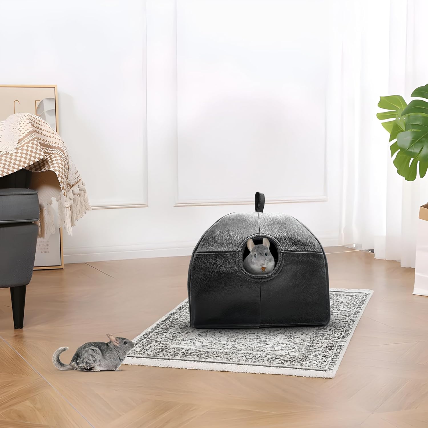 Handcrafted Soft Leather Hamster House with Cozy Mat – Indoor/Outdoor Small Animal Cage for Hamsters, Chinchillas,mice, Squirrel & Suger Glider (Black,1 pc)